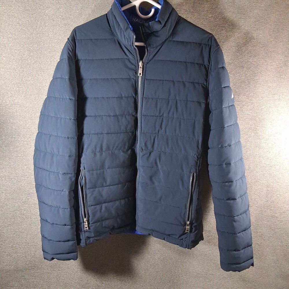 Nautica Mens Reversible Puffer Jacket Navy Blue Quilted Full Zip Outerwear - Picture 1 of 7